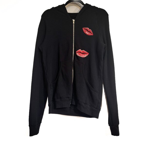 Lauren Moshi Read My Lips Full Zip Up Hoodie Black Red Pockets Women's Size M - Picture 2 of 9